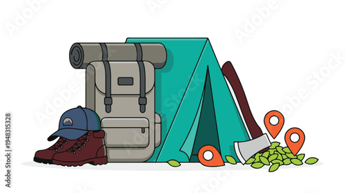 Outdoor adventure and camping gear illustration with essentials