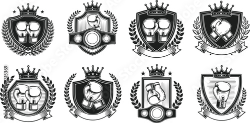 Vintage Boxing Championship Badge Vector Set with Crown, Boxing Gloves, Laurel Wreath and Retro Fight Club Emblem Designs