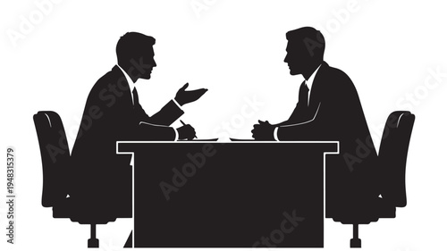 Silhouette of Two Businessmen Sitting at a Desk Having a Professional Job Interview or Negotiation