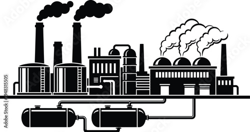 Industrial flat design factory panorama showing smokestacks storage tanks pipelines and underground tanks side view black silhouette industrial complex skyline