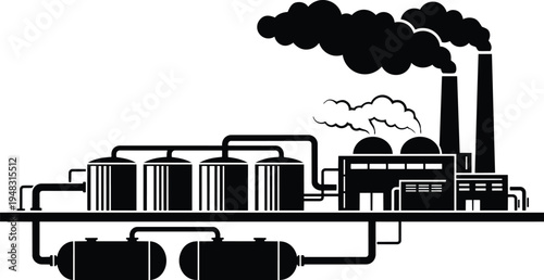 Flat design side view industrial plant with storage tanks pipes smoke stacks underground tanks high contrast vector silhouette monochrome profile