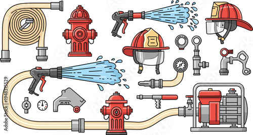 Firefighting Equipment Vector Illustration Set with Fire Hydrant, Hose, Water Spray Nozzle, Firefighter Helmet and Pump System