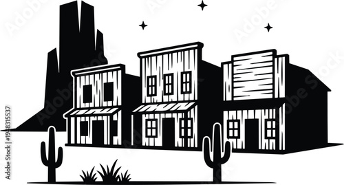 Vintage western saloon street vector art side view low angle with three wooden storefronts cacti desert butte silhouette night stars