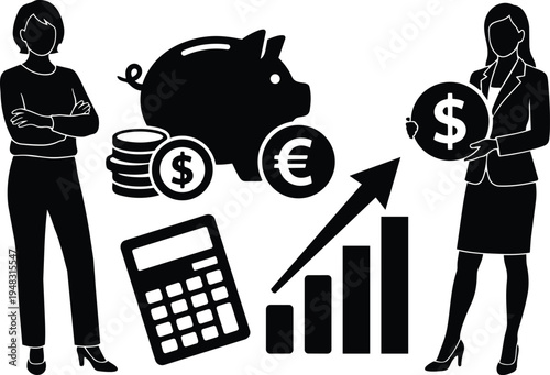 Flat design close up financial icons two business women with piggy bank coins calculator and rising bar chart in silhouette