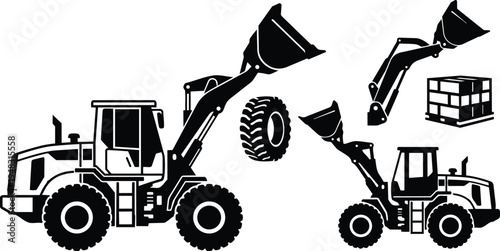 Flat design close up front loader construction vehicle side view with raised bucket spare wheel and pallet attachment black silhouette