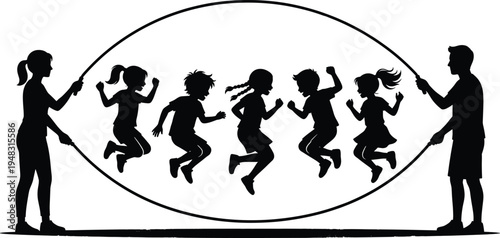 Kids jumping rope silhouettes with parents, children group skipping activity playful outdoor childhood fitness game vector illustration set