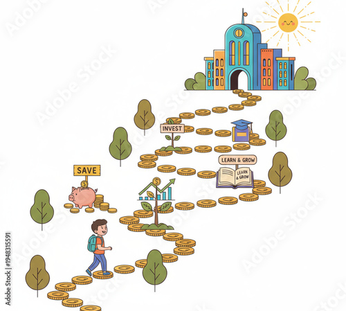 A young student walks along a path of gold coins towards a university building, symbolizing the journey of education and financial investment for future growth and success