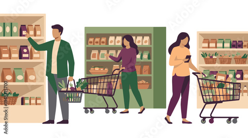 People shopping for groceries in a supermarket aisle with carts and shelves