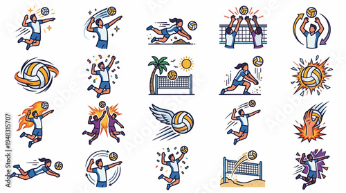 Dynamic collection of volleyball player icons showcasing athletic actions like spiking, serving, blocking, and diving for sports graphics and digital design
