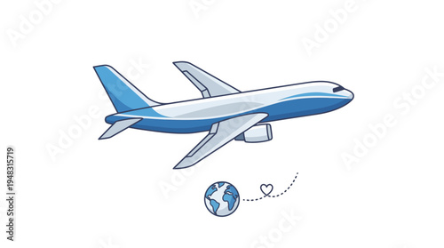 Vector illustration of a modern passenger airplane flying above a stylized world globe and a heart icon, symbolizing global travel, international connectivity, and the joy of discovery