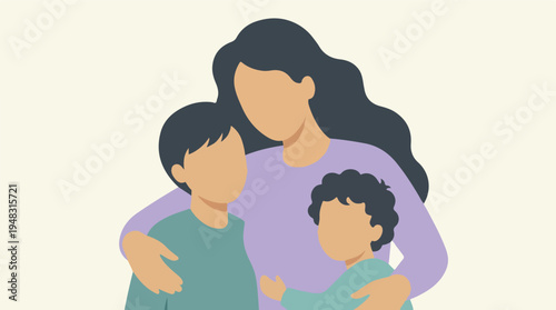 Minimalist illustration of a mother embracing her two children