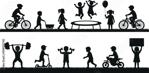 Kids outdoor activity silhouettes set, children biking jumping trampoline playing sports fitness lifestyle playful childhood vector illustration collection