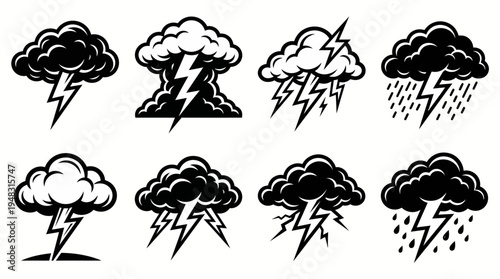 Collection of Storm and Lightning Icons Representing Weather Phenomena and Energy