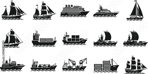 Ship and Boat Silhouette Icon Set Vector Illustration with Cargo Ship Cruise Liner Sailboat Yacht and Marine Transportation Symbols