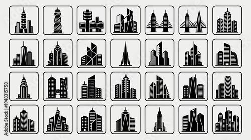 Collection of diverse skyscraper icons representing modern cityscapes and architectural designs for urban development and business concepts