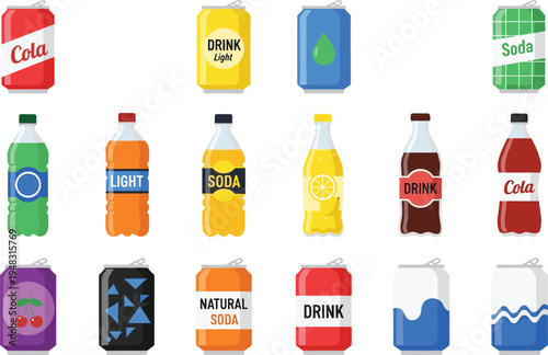 Soft Drink Can and Soda Bottle Icon Set Vector Illustration with Cola Beverage Packaging Symbols for Refreshment Brand and Drink Product Design