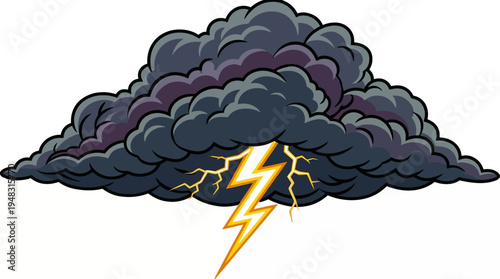 Dark storm cloud with bright yellow lightning bolt striking down from the center, symbolizing weather and power