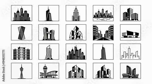A comprehensive conceptual graphic collection of diverse modern city skylines and architectural building illustrations, perfect for urban design themes and digital creative projects