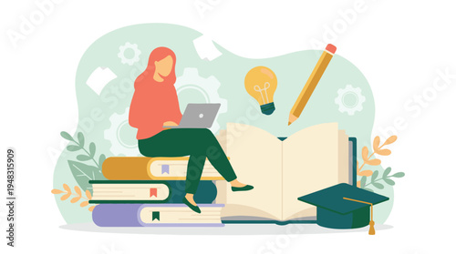 Online education concept with woman, laptop, books, and ideas