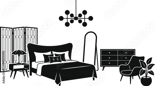 Modern bedroom interior furniture silhouettes set, bed chair dresser mirror lamp plant decor elements, stylish home room vector illustration