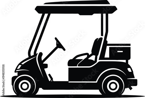 A black silhouette of a golf cart with a roof and two seats