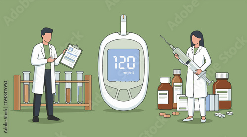 Medical professionals managing diabetes: glucose meter, tests, and medication