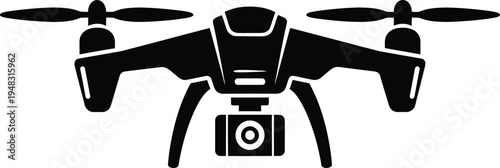 A black drone with a camera attached underneath flying in the air with four propellers