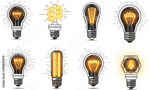 Creative Light Bulb Icon Set with Various Energy-Efficient Designs and Glowing Effects for Innovative Ideas and Concepts