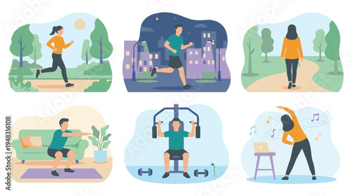 People exercising in various settings, active and healthy lifestyle concept