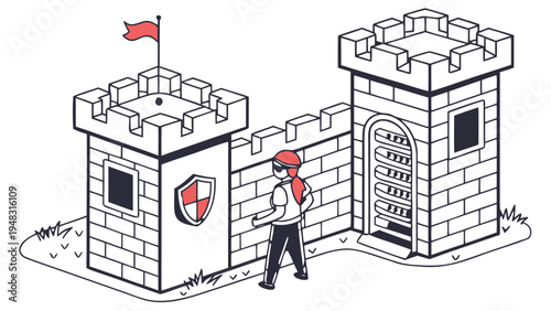 Woman Guard Defends Medieval Castle Fortress,  An isometric line-art illustration of a female guard standing outside a medieval stone castle fortress with towers and a red flag. She wears a helmet