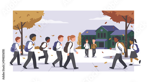 Diverse school children with backpacks walking to school in autumn season