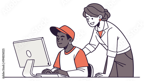 Business Mentor Assisting Young Student at Computer,  line art illustration showing a professional woman mentor leaning over and smiling as she assists a young man with a cap who is working 