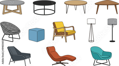Modern furniture icons set vector illustration chairs tables lamps and lounge seating for contemporary interior design collection