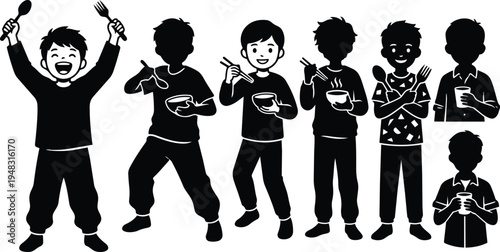 Flat design silhouette boys eating with chopsticks spoon and fork holding bowls in playful dining pose studio vector monochrome lively