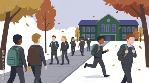 School children with backpacks walking on path towards school building in autumn