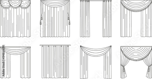 Elegant Curtain and Drapery Icon Set with Various Designs for Interior Decoration and Home Furnishing Projects