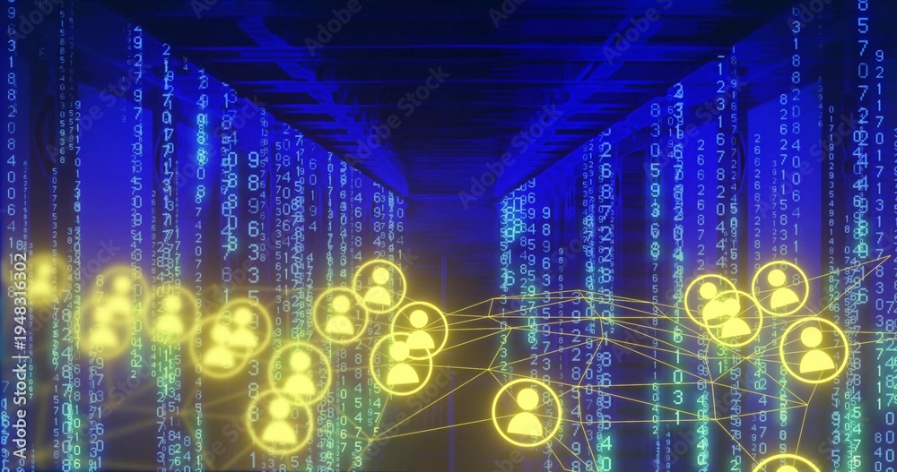 Obraz premium Glowing band of yellow icons forming network in digital tunnel with linked lines and code streams