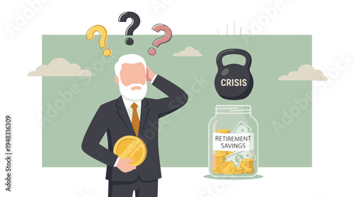 Concerned senior man facing retirement savings crisis with falling kettlebell