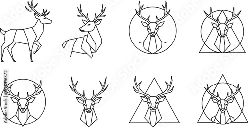 Geometric Deer and Stag Icon Set with Minimalist Low Poly Design for Wildlife, Outdoors, and Nature-Themed Projects