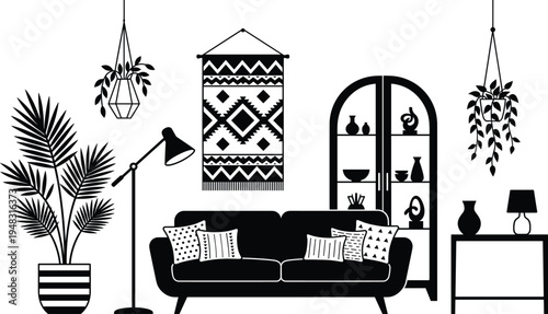 Modern living room interior silhouettes set, sofa plants lamp shelf decor elements, stylish home furniture arrangement vector illustration