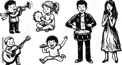 Line art hand drawn children band performing with trumpet tambourine guitar drums and singer looking at camera up lively scene