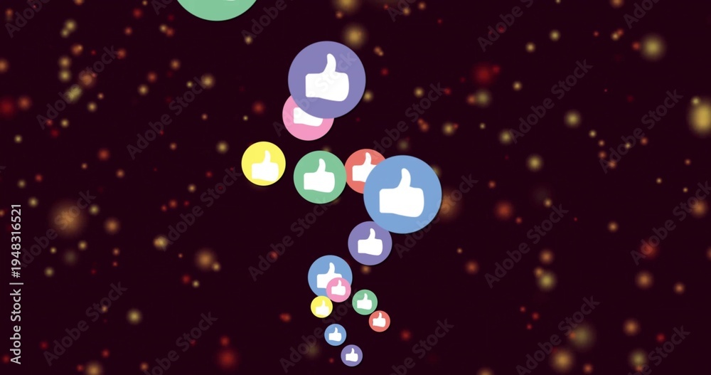 Naklejka premium Drifting center column showing multicolor circular thumbs-up badges in digital space, glowing bokeh