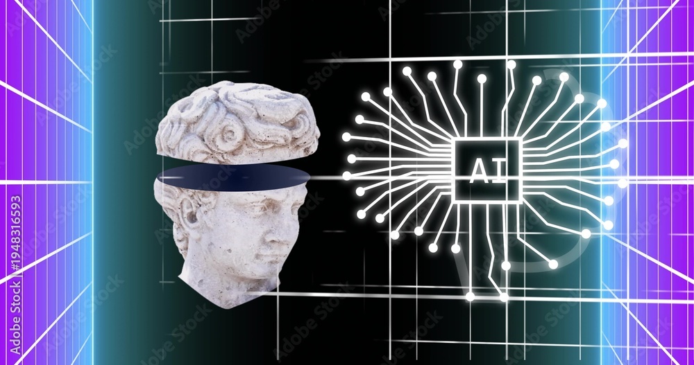 Naklejka premium Floating marble bust head rotating, separating in virtual studio, with dark band and AI circuit