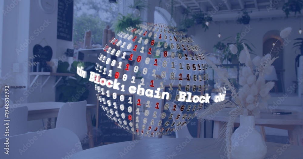 Fototapeta premium Floating digital sphere rotating above central cafe table, showing binary code and Blockchain text