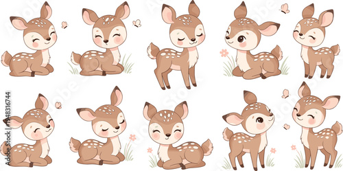Set of 10 Cute Cartoon Fawn Vector Illustrations with Various Poses and Floral Accents for Animal and Nature Designs