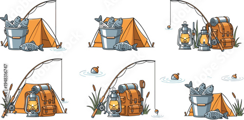 PrintFishing Camping Adventure Vector Illustration Set with Tent, Backpack, Lantern, Fishing Rod, Bucket of Fish and Outdoor Nature Scene
