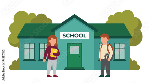 Flat design illustration of a school building with students holding books