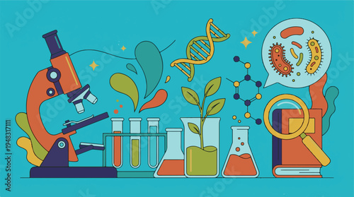 Science education and research concept with lab equipment and biological elements