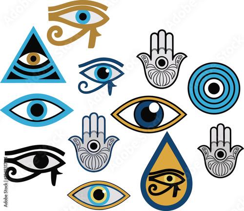 Mystical eye and hamsa hand protective symbols, spiritual talisman vector illustration for cultural design, aura energy, flat vector illustration