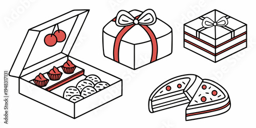 a set of white gift boxes with red ribbons and bows Vector
